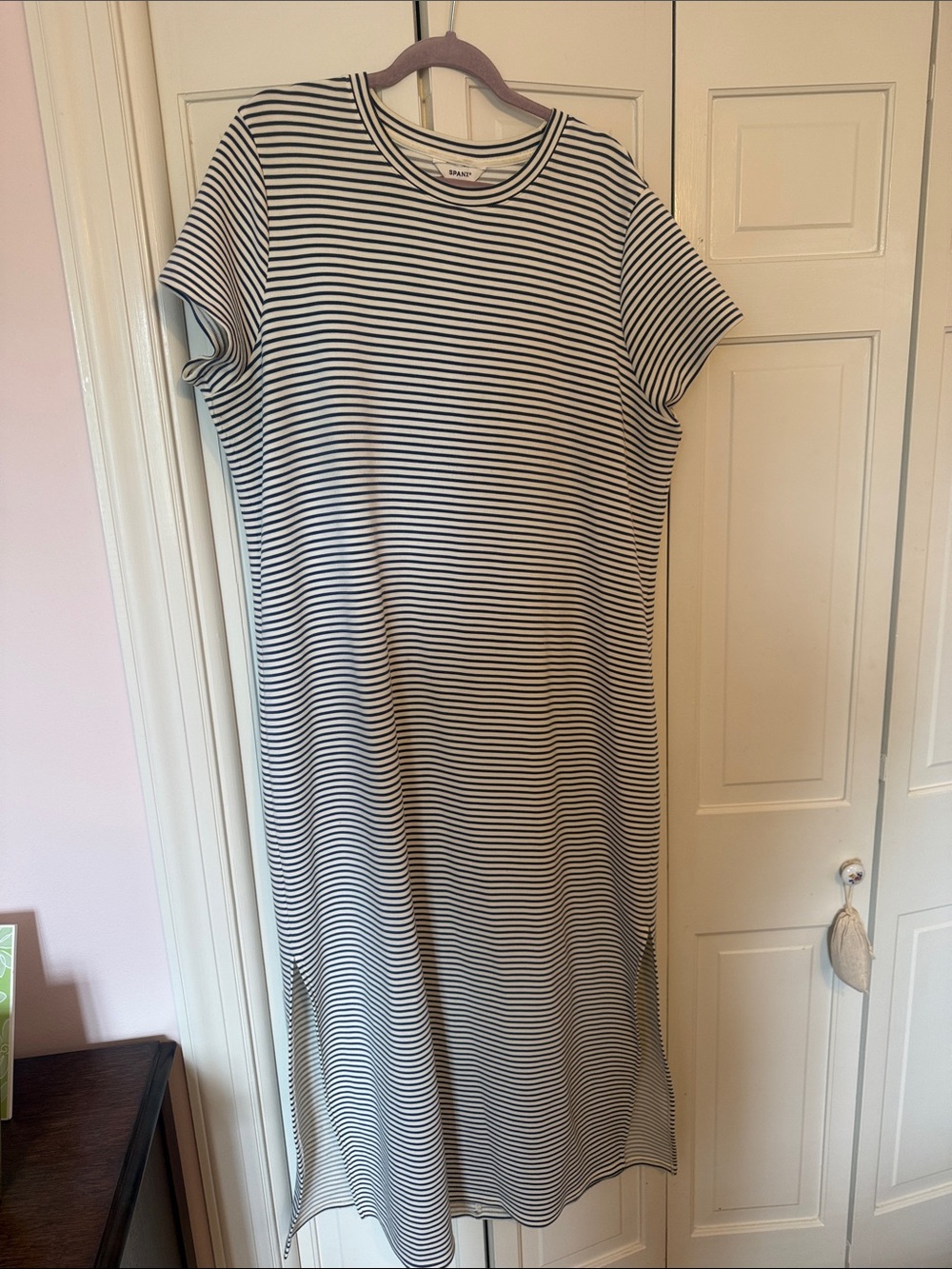SPANX Air Essentials Navy Blue & White Striped Short-Sleeve Midi Dress- 2X
